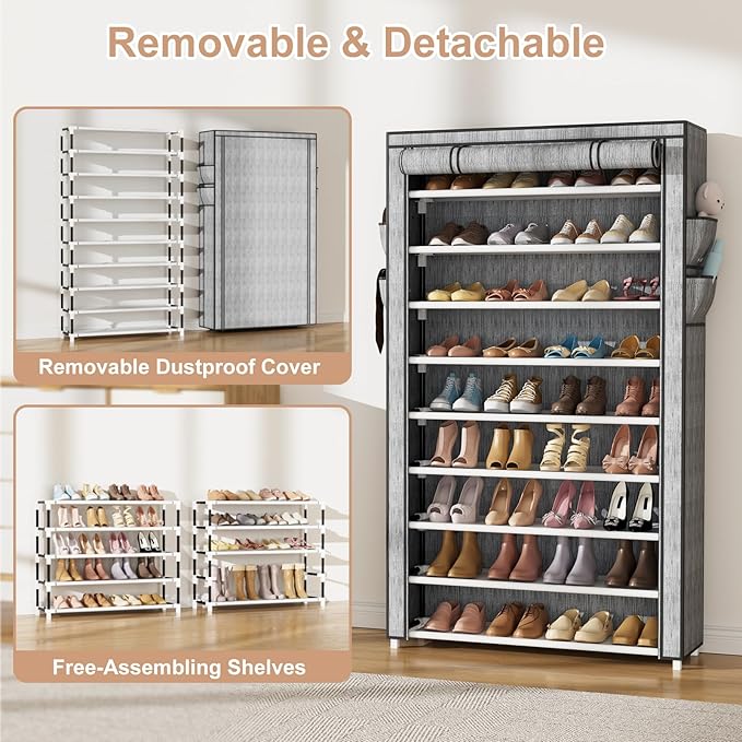 Shoe Rack with Cover Narrow Shoe Organizer with Pockets 10 Tier Tall Shoe Storage Holds 36-41 Pairs Shoes and Boots Shoe Rack for Closet Entryway Garage, Printing