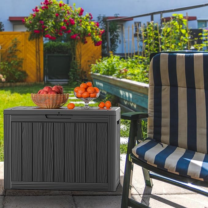 44 Gallon Outdoor Deck Box, Lockable Waterproof Outdoor Storage Boxes For Garden Tools,Indoor Cushions,Accessories Outside Storage Resin Weatherproof Container(Black)