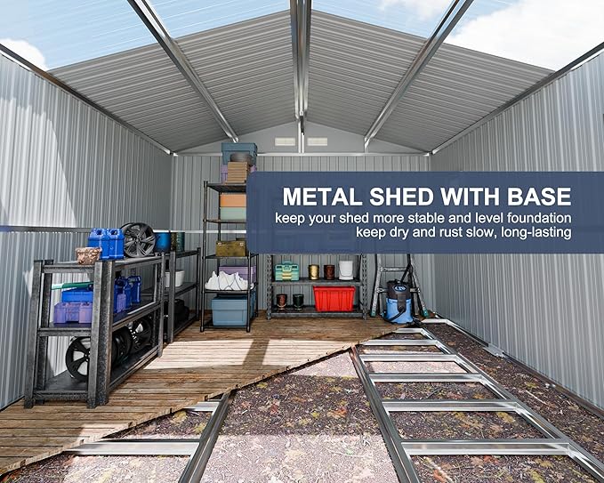 10x10 FT Metal Outdoor Storage Shed with Unique Floor Base Clear Roof Window Lockable Double Door Vent Heavy Duty Reinforced Frame Waterproof Sheds for Garden Large Lawnmower Tool,Dark Grey