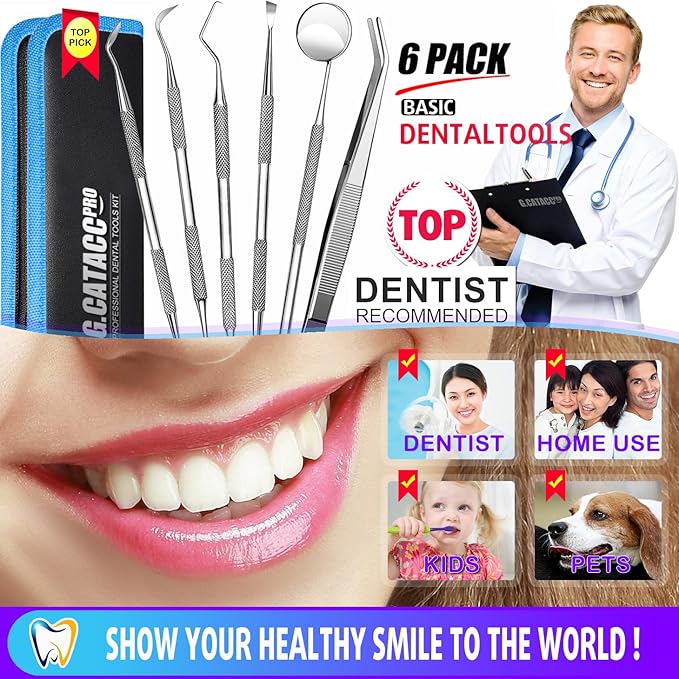G.CATACC Dental Tools, Dental Pick Teeth Cleaning Tools Hygiene Kit, Plaque Remover for Teeth, Professional Stainless Steel Tooth Scraper Plaque Tartar Cleaner - with Case