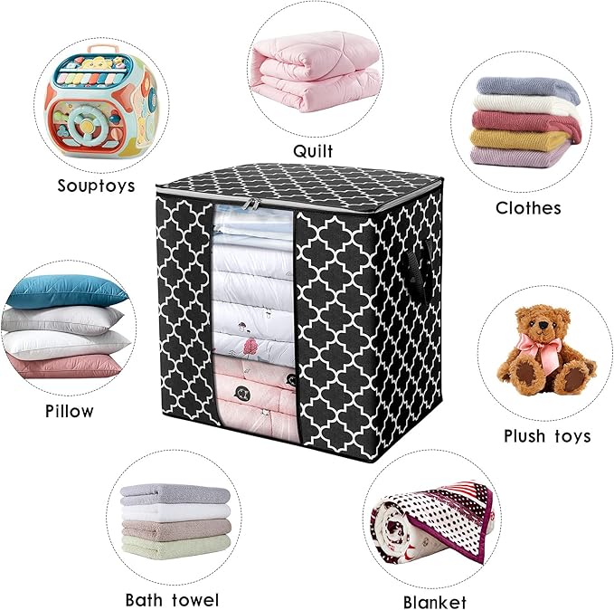 WISELIFE Storage Bags 8 Pack/100L Large Blanket Clothes Organization and Storage Containers for Comforters,Bedding, Foldable Organizer with Reinforced Handle, Clear Window, Sturdy Zippers,Black