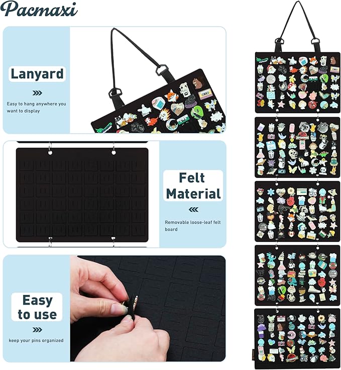 Hanging Enamel Lapel Pin Display Panels Organizer With 5 Loose-leaf Board Pieces, Brooch Pin Enamel Pin Display Pages, Badge Collection Display Holder Holds At Least 120 Pins.(Pins Not Included) (Black)