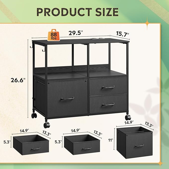 DEVAISE 3 Drawer Mobile File Cabinet, Rolling Printer Stand with Storage Shelf, Fabric Lateral Filing Cabinet fits A4 or Letter Size, Adjustable Shelf for Home Office, Black
