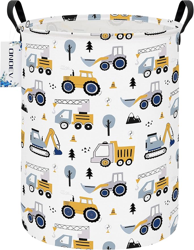 Round Foldable Laundry Hamper Kids Forest Vehicles Excavator Boys Gift Basket Suitable For Home Decoration and Toy Storage(Excavator)