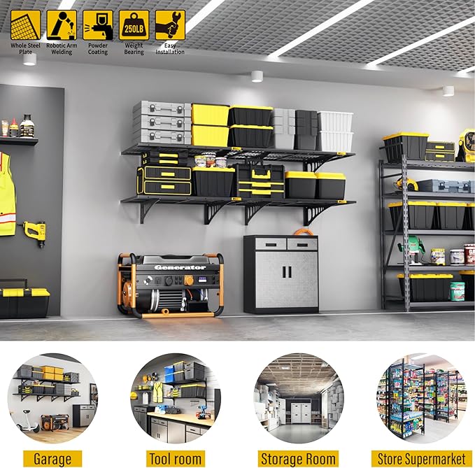 2x3ft Adjustable Rail Wall Garage Storage Shelf, for Tool Room, Storage Room, Store Supermarket Wall Storage Shelving Rack (4 Pack-Black)
