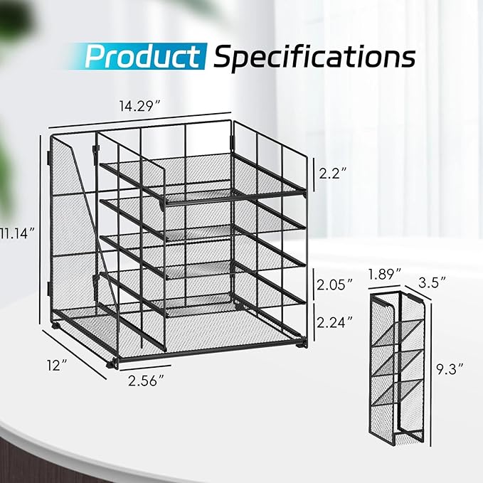 5-Tier Paper Organizer + File Holder + 4 Pen Holders, Desk Organizer Paper Letter Tray for Home, Office and School Supplies, Black