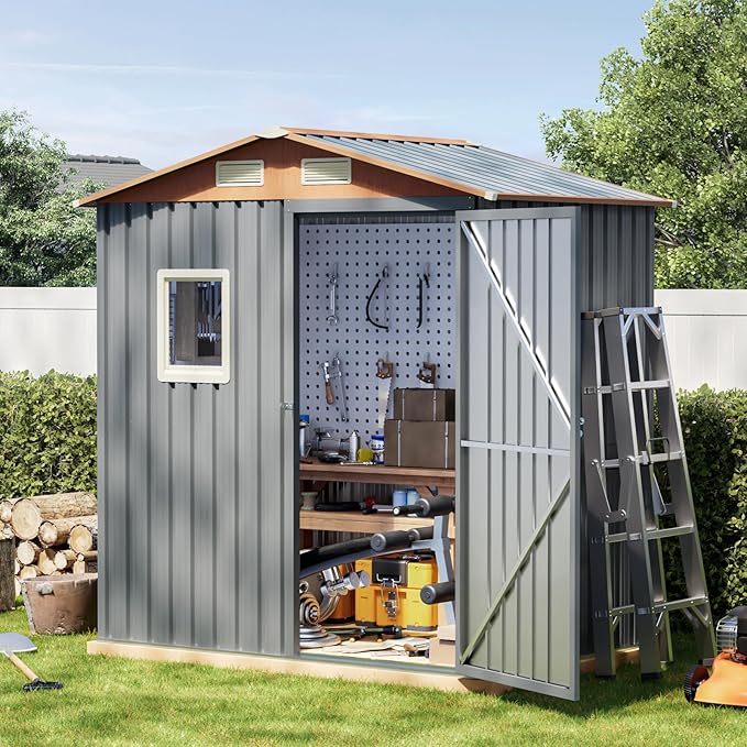 6x4FT Multi-Used Shed & Outdoor Storage,Steel Tool Shed with Frame Floor,Lockable Doors,Window,Vent,Compact Metal Tool Garden Shed for Garden, Backyard, Patio, Lawn and Various Storage(Matte Gray)