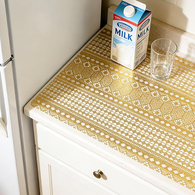 Drawer and Shelf Liner - Gold Geometric Lace Pattern,Non Adhesive Non Slip Waterproof Easy-Clean Shelf Liner for Kitchen Cabinet, Refrigerator, Bathroom, Pantry Storage Drawers, 12 in x 10 Ft