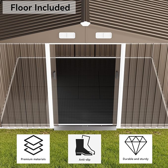10 x 8 FT Outdoor Storage Shed with Frame Floor, Waterproof Lockable Door Metal Tool Shed with Sliding Door and Ventilation, Gardening Tool Storage Room, Metal Storage Shed for Gardens & Lawns