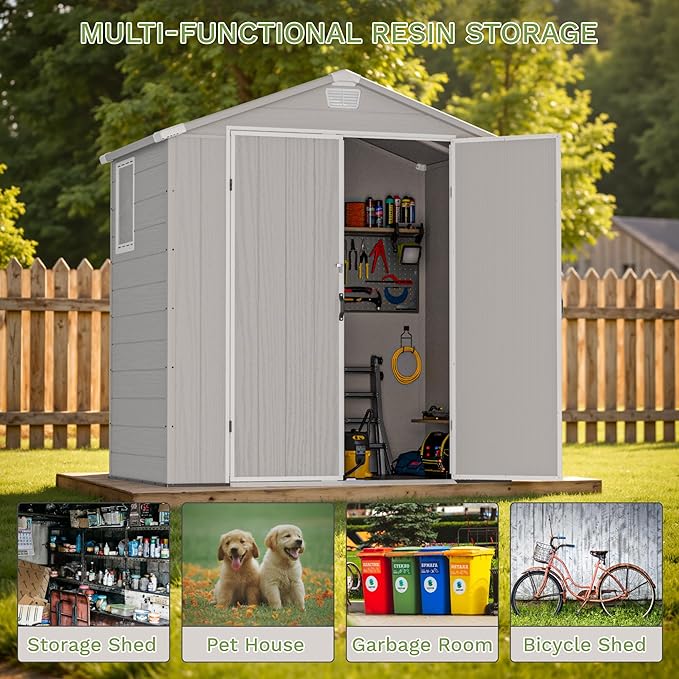 Greesum 6x4FT Plastic Outdoor Storage Shed with Floor, Resin Sheds with Lockable Double Door, Tool Sheds with Window and Vents, for Garden, Backyard, Patio, Light Gray