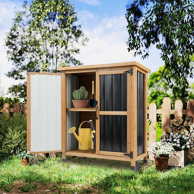 Outdoor Storage Cabinet, Wood & Metal Small Garden Tool Storage Cabinet with Weather-Resistant Asphalt Roof, Double Lockable Doors & Removable Shelves for Porch, Patio, Garden, Backyard