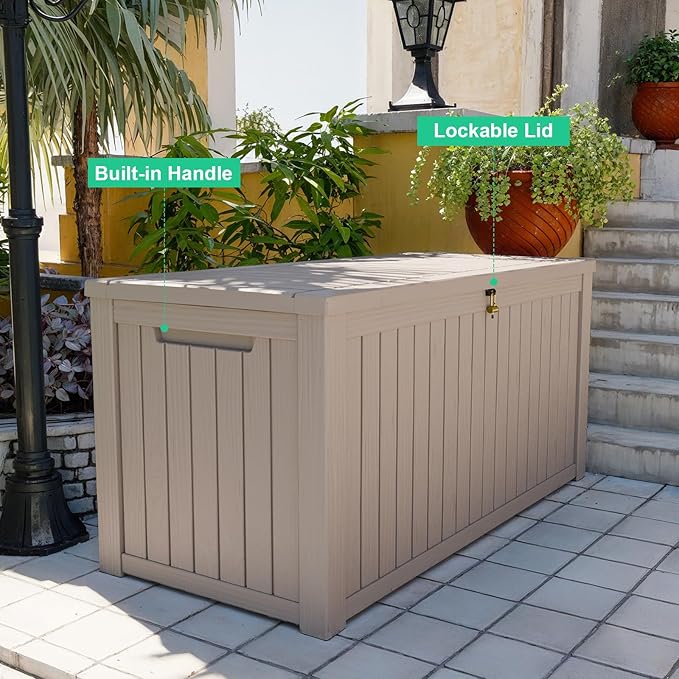 200 Gallon Outdoor Deck Box, Lockable Waterproof Outdoor Storage Boxes For Garden Tools,Indoor Cushions,Accessories Outside Storage Resin Weatherproof Container(Grey)