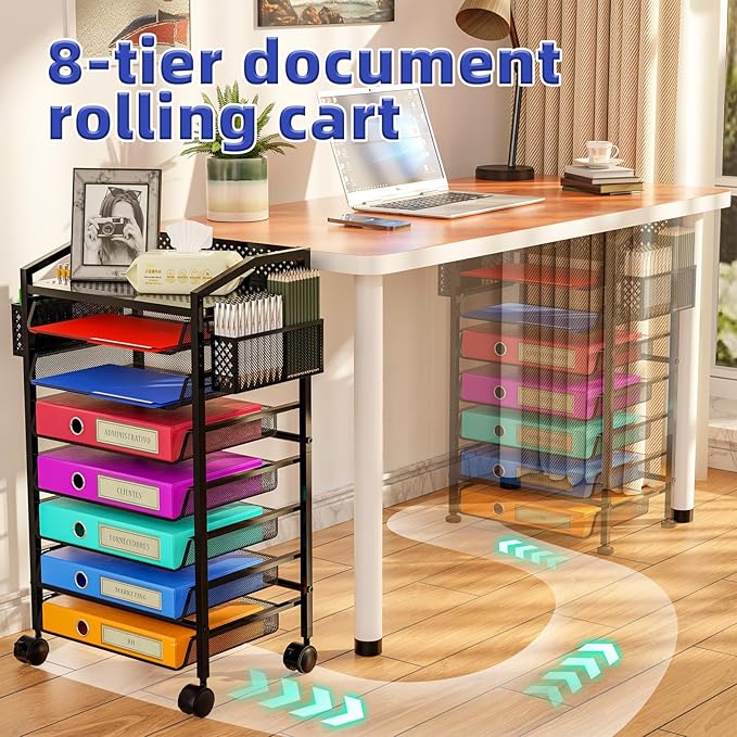Simple Trending 8 Tier Small Rolling File Cart, Metal Desk File Organizer with Sliding Trays and Two Pen Holders, Metal Mesh Paper Letter Storage Multi Functional Rolling Clutter Cart, Black
