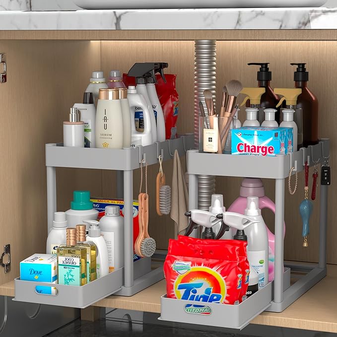 2PC Under Sink Organizer Rack 2 Tier Under Sliding Cabinet Basket Organizer Drawer with 4 Hooks, Multi-purpose Under Sink Storage for Bathroom Kitchen Desktop（Grey）