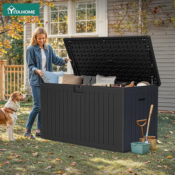 YITAHOME 200 Gallon Extra Large Deck Box, Double-Wall Resin Outdoor Storage Box with Flexible Divider for Patio Cushions Pool Supplies Garden Tools, 990 lbs Load Capacity, Lockable (Black)