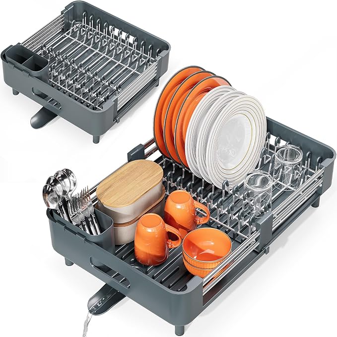 Stainless Steel Dish Drying Rack - Dish Drainer for Kitchen Counter, Extendable Drainboard with Foldable, Space-Saving Cup & Bowl Organizer, Includes Knife and Utensil Holder, Matte-Green