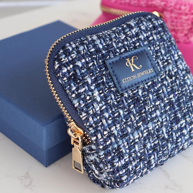Travel Jewelry Organizer, Tweed Square Bag with 6 Compartments, Pink Zippered Case for Necklaces and Bracelets, Protective Storage Pouch (Navy Blue)