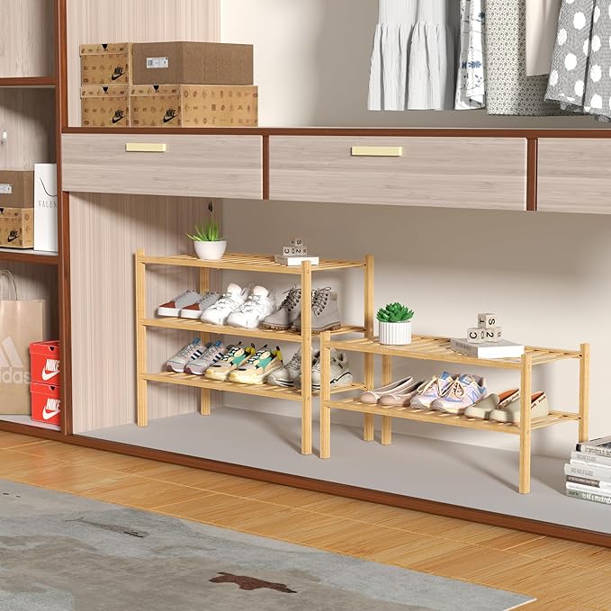 2 Tier Bamboo Shoe Rack for Closet Free Standing Wood Shoe Shelf for Entryway Small Space Stackable 27"x11"x13" (Natural)