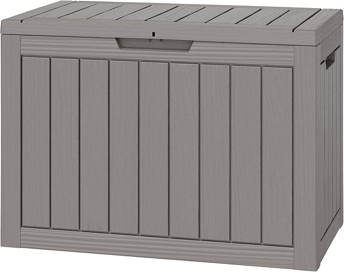 NUNU LAB Outdoor Storage Box, 45 Gallon Outside Deck Box Waterproof, Resin Outdoor Storage Cabinet With Lockable Lid, Backyard Storage Bench For Garden Tools, Patio Cushions, Pool Tools, Gray