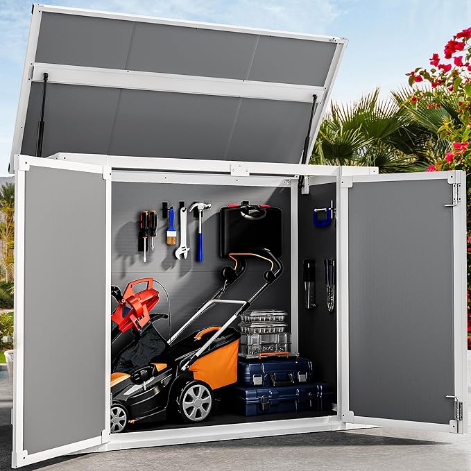 DWVO 41 Cu.ft Horizontal Resin Storage Shed, All Weather 4.7x2.5 FT Outdoor Garden Shed with Hydraulic Struts, 3 Locks, Lockable to Floor for Garden Tools, Trash Cans, Gray