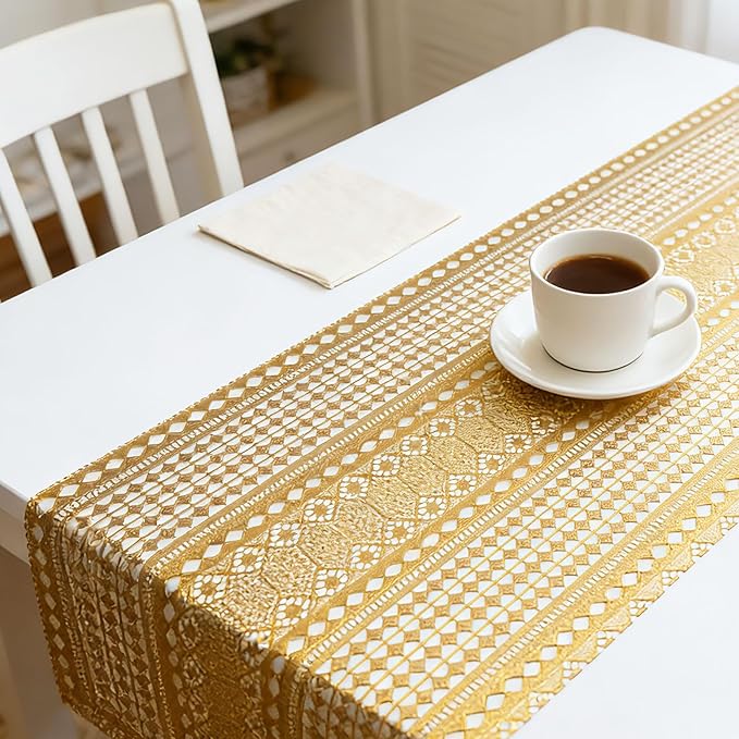 Drawer and Shelf Liner - Gold Geometric Lace Pattern,Non Adhesive Non Slip Waterproof Easy-Clean Shelf Liner for Kitchen Cabinet, Refrigerator, Bathroom, Pantry Storage Drawers, 17 in x 20 Ft