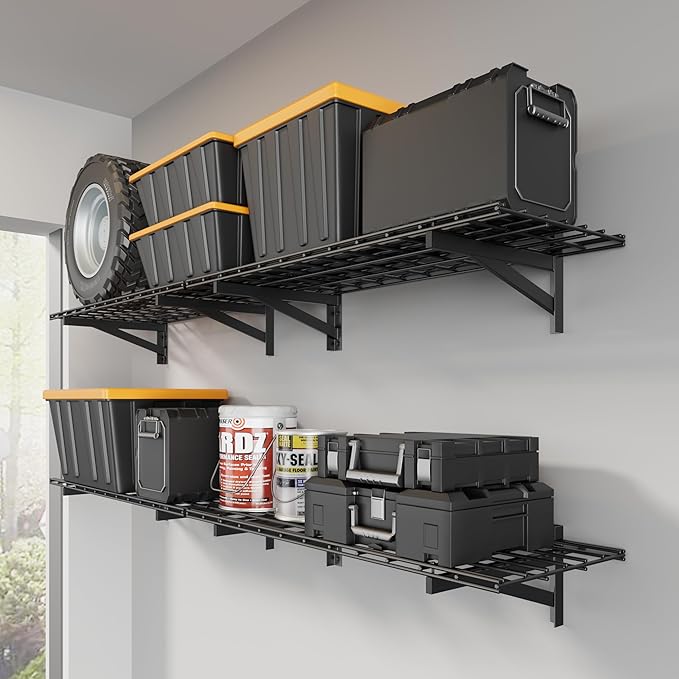 4 Pack Heavy Duty Garage Wall Shelving Set (1.5x4ft), Wall Mounted Garage Shelves 1400lbs Capacity, 18"x96" Shelf Storage Rack Floating Shelves, Black