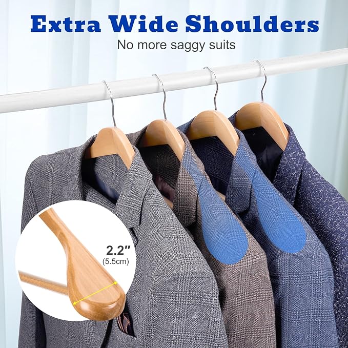 HOUSE DAY Wood Suit Hangers for Men, Smooth Wide Shoulder Wooden Hanger with Non Slip Pant Holder, Wide Hangers for Suits, Coats, Jackets, Heavy Wide Clothes Hanger 2 Pack, Natural