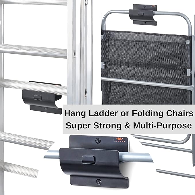 Ladder Hanger set of 4 For Garage Wall - Black Heavy Duty Utility Hook For Wall Mount Ladder Storage. Versatile Tool Holder To Maximize Space In Garden, Shed, Workshop, Hang Wheelbarrow, Folding Chair
