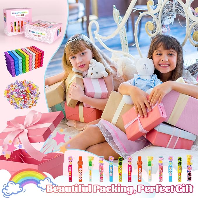 100 Cheer Pins Set - Wooden Colored Clothes Pins with Glue & Tools,Cheer Pin Kit 180 Mini Bows Ducks Daisy Balls 300 Letters 4 Stickers, DIY Custom Pins for Backpack Team Cheerleader Gifts