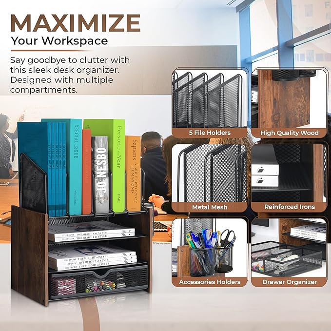 Wooden & Metal Desk Organizer – 4-Tier Vertical Desktop Storage with File Trays, Pen Holder & Drawer – Space-Saving Office & Home Workspace Organizer