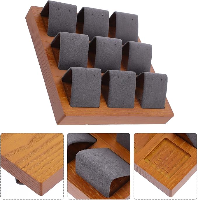 Cabilock Wooden Jewelry Display Stand Earring Organizer Rack with Velvet Leather 9-slot Holder Jewelry Storage Shelf for Women Desktop Accessory Organizer