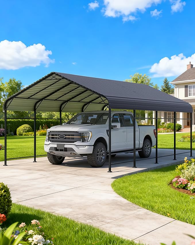 Patiowell 12'x20' Metal Carport, Heavy Duty Carport Canopy with Reinforced Frame and Galvanized Steel Roof, All-Weather Outdoor Car Shelter for Car, Truck, Boat and Tractor, Black