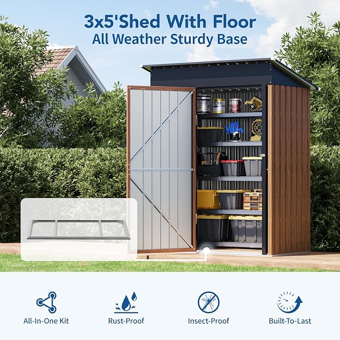3x5FT Outdoor Storage Shed, Metal Garden Shed with with Floor Base,Updated Frame Structure & Lockable Door, Large Tool Shed for Backyard, Patio,Lawn,Utility & Bike Storage