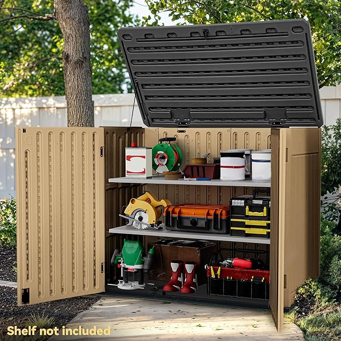 DWVO 47 cu ft Spacious Horizontal Storage Unit, Outdoor Resin Tool Locker Without Shelf, Waterproof Lockable Container with Base for Gardening, Waste Bins, Grass Cutter, 4.5x2.8x3.9 ft, Brown
