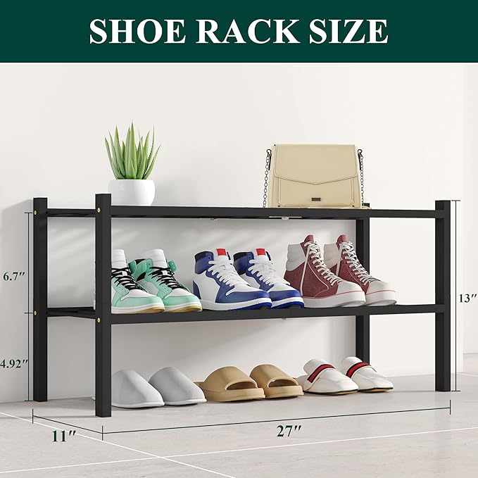 Smiry Shoe Rack, 2 Tier Bamboo Shoe Organizer, Stackable Free Standing Wooden Shoe Storage Shelf for Closet, Entryway, Front Door Entrance, Black