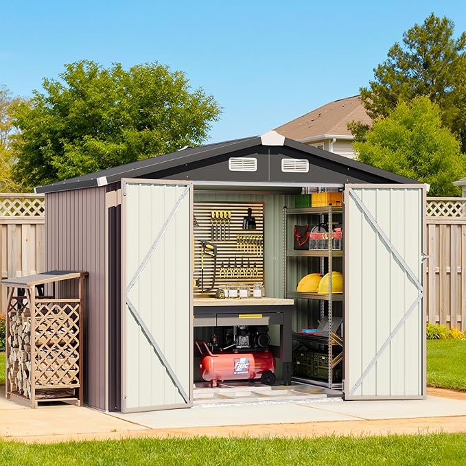 8x6 FT Outdoor Storage Shed with Base & Lockable Double Doors, Heavy-Duty Galvanized Steel Outdoor Metal Shed for Bike, Tool, Generator Storage in Backyard, Patio (8’x6’, Base)