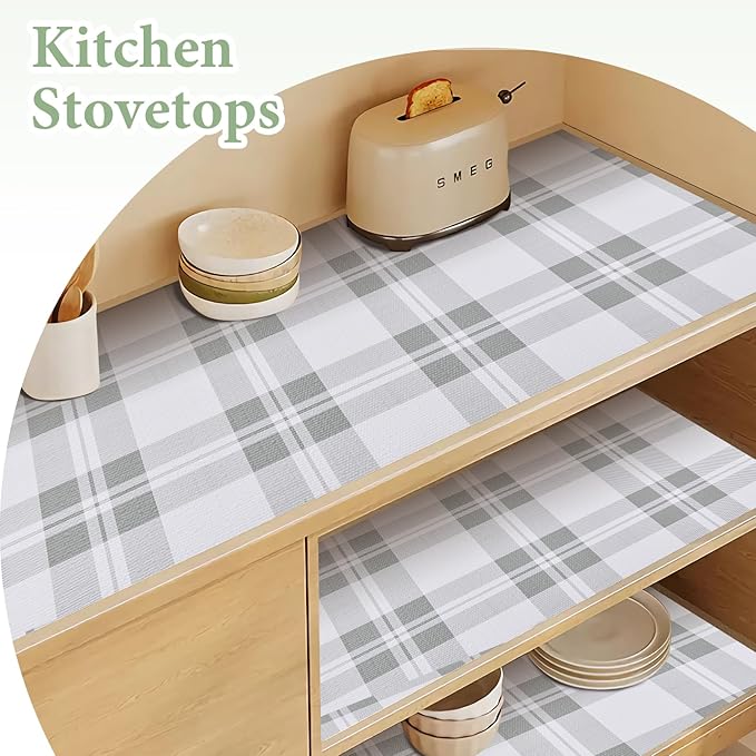 Drawer and Shelf Liner for Kitchen Cabinet: 17 in X 30 Ft Non Slip Waterproof Shelf Paper Non Adhesive Refrigerator Liners Light Grey Lattice Easy Liners for Bathroom