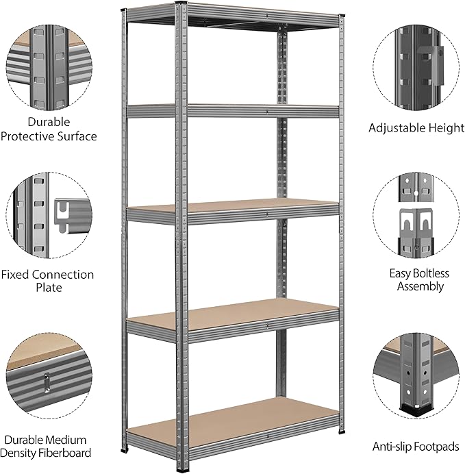 Topeakmart 5-Tier Utility Shelves, Metal Storage Shelves Garage Shelving Unit Adjustable Garage Storage Shelves Storage Racks Heavy Duty Shed Shelving- Light Gray, 35.5 x 16 x 71 Inch