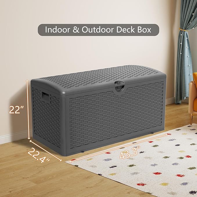 Outdoor Storage Box, 90 Gallon Lockable Resin Deck Box Waterproof, Patio Storage Bin for Furniture Cushion, Garden Tools and Pool Accessories, UV-Resistant Bench Cabinet for Outside, Black