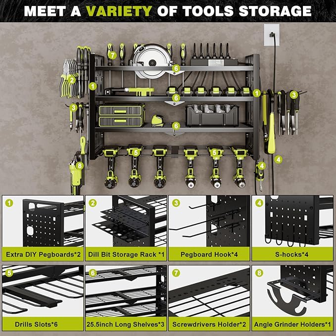 Power Tool Organizer Wall Mount with Charging Station 4 Layer 6 Slot Cordless Drill Holder with Angle Grinder Holder (Black)