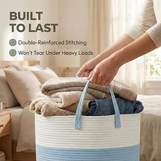115L Extra Large Blanket Basket for Living Room - Woven Cotton Rope Laundry Hamper with Reinforced Handles - Storage Bin for Pillows, Comforters & Toys - Machine Washable,White&Blue
