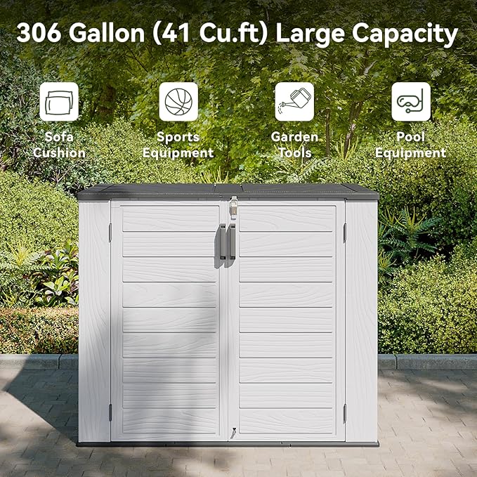 AOXUN Horizontal Storage Sheds 41 Cu.ft, HDPE Outdoor Storage Cabinet, Waterproof Lockable Resin Shed with Spring-Assisted Lid, Patio Storage for Garden, Pool, Cushions, Tools, White