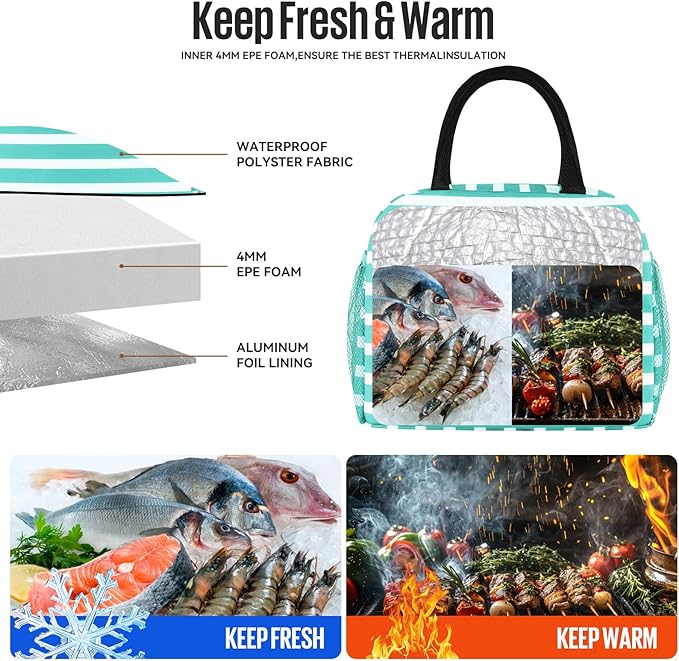 Lunch Bag Women/Men Lunch Box Women/Men (Baby blue+White Stripes)
