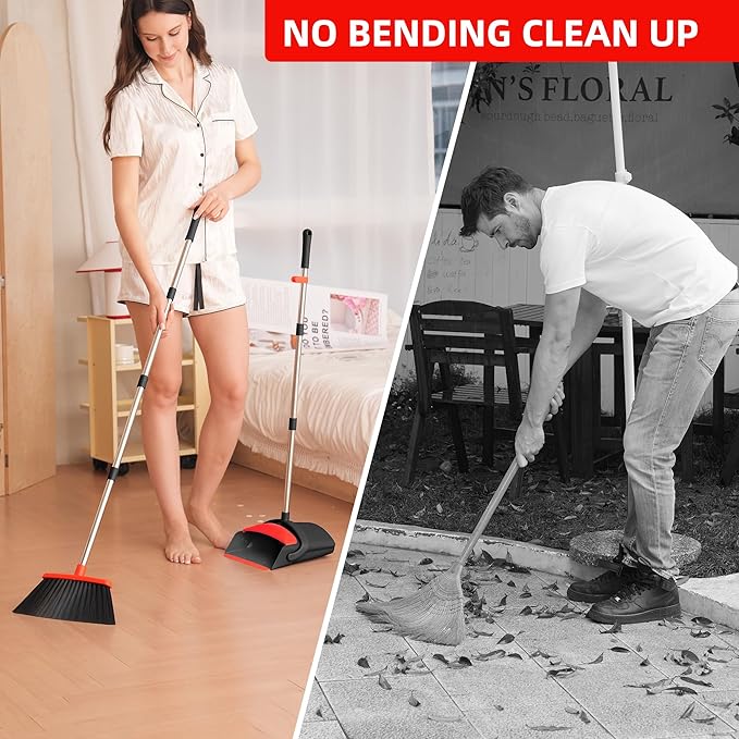 Broom and Dustpan Set, 52-in Long Adjustable Handle Broom with Dustpan Combo Set with Dust Pan Teeth for Home Office Kitchen Lobby Floor to Clean Pet Hair Indoor&Outdoor Cleaning