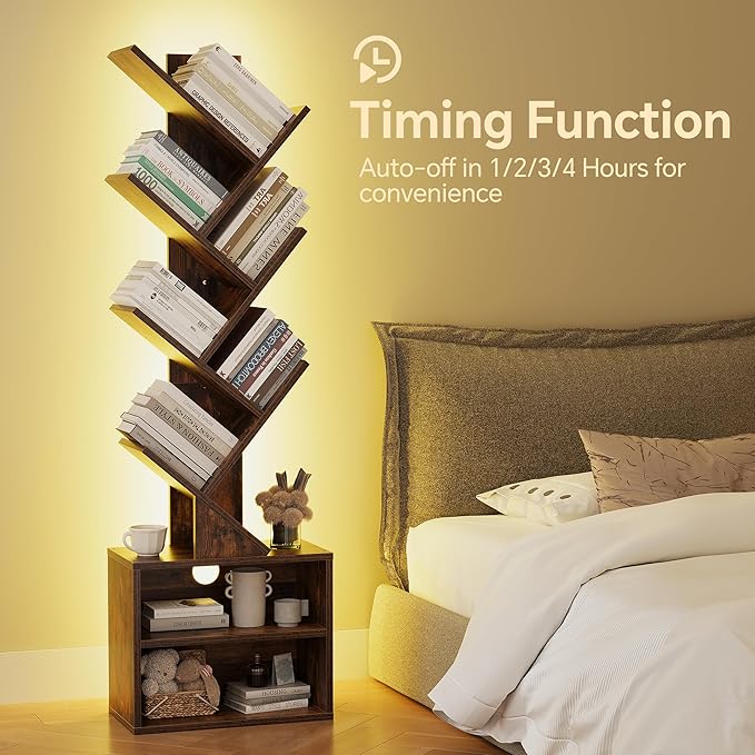 SUNMORY 6 Tier Tree Bookshelf with Lights, LED Book Tree Bookcase with Storage Organizer, Small Corner Bookshelf Floor Standing Book Shelf for Living Room, Bedroom & Home Office