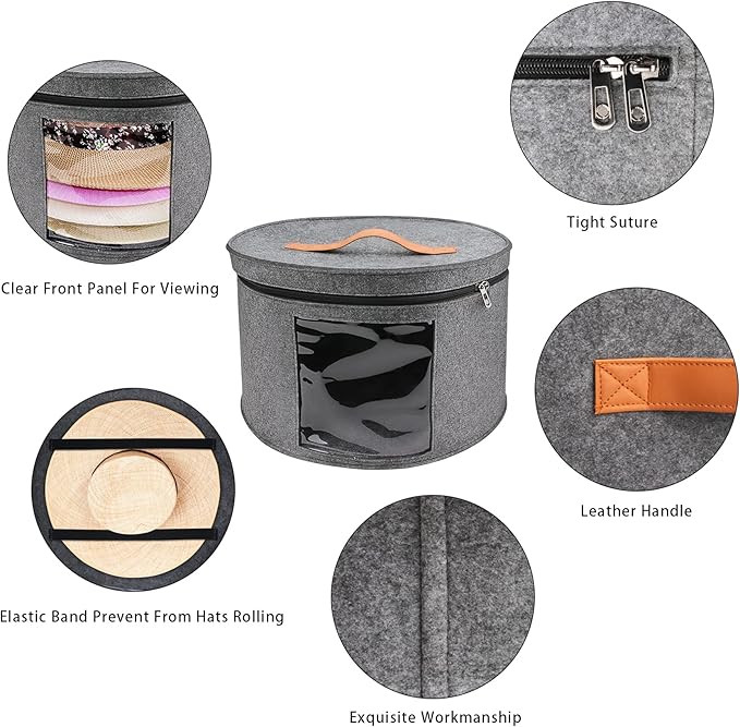 Large Hat Storage Box for Women & Men, 16" D x 10" H Hat Box Organizer，Foldable Round Travel Hat Boxes with Dustproof Lid, Stuffed Toy Storage Bin Bag (Medium Gray)