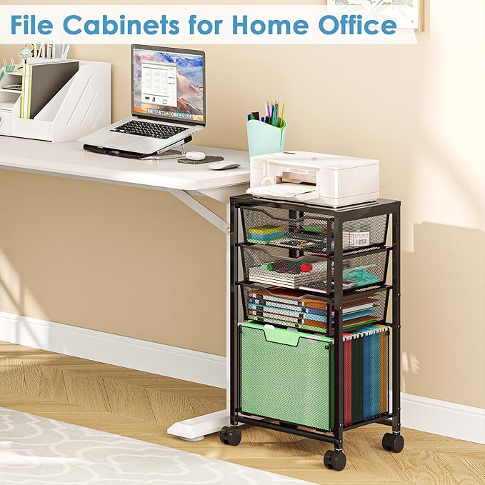 4 Drawers Rolling File Cart, Under Desk Mobile Filing Cabinet with Wheels, File Cabinets for Home Office, Hanging File Folder Organizer Utility Craft Cart Printer Stand, Black