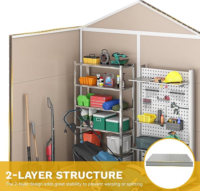 DWVO 6x4.4ft Outdoor Storage Shed, Plastic Garden Tool Shed with 2 Vision Windows, Double-Wall Outside Shed for Mower Lawn, Garden Tool for Backyard Lawn Patio, Lockable, Beige