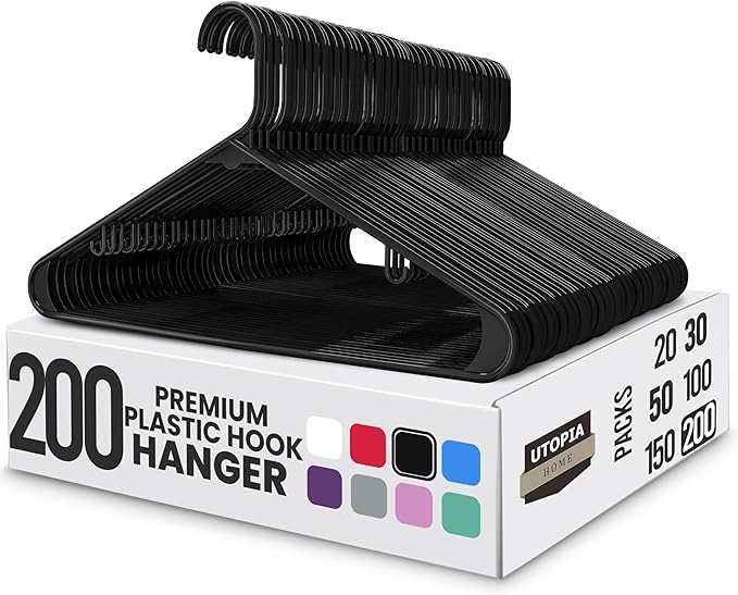 Utopia Home Plastic Hangers 200 Pack - Clothes Hanger with Hooks - Durable & Space Saving (Black)