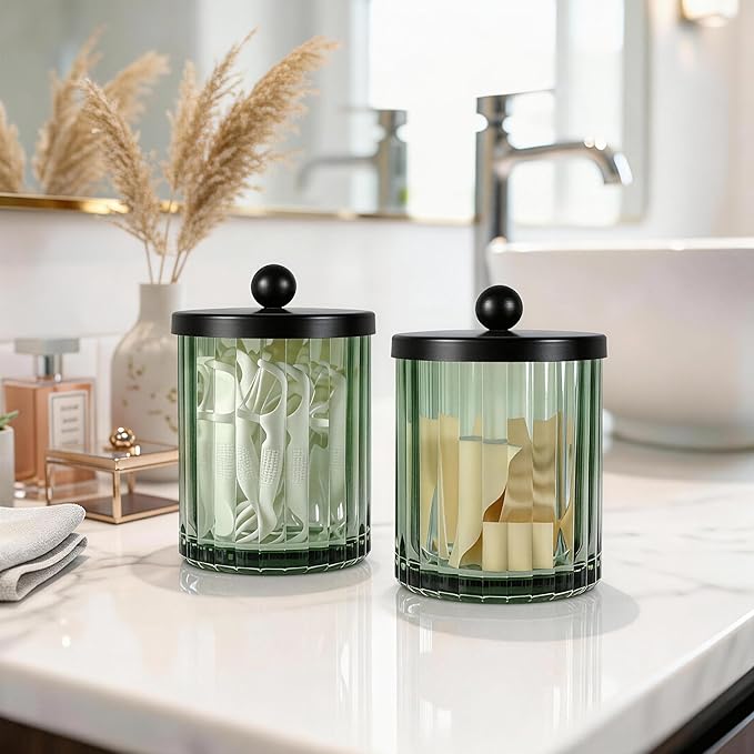 Amolliar Sage Green Glass Apothecary Jar With Metal Lid & Stickers, Bathroom Qtip Holder Dispenser for Cotton Swabs, Balls, Round Pads, Bath Salt, Floss, Countertop Canister Storage, Bronze 2 Pack